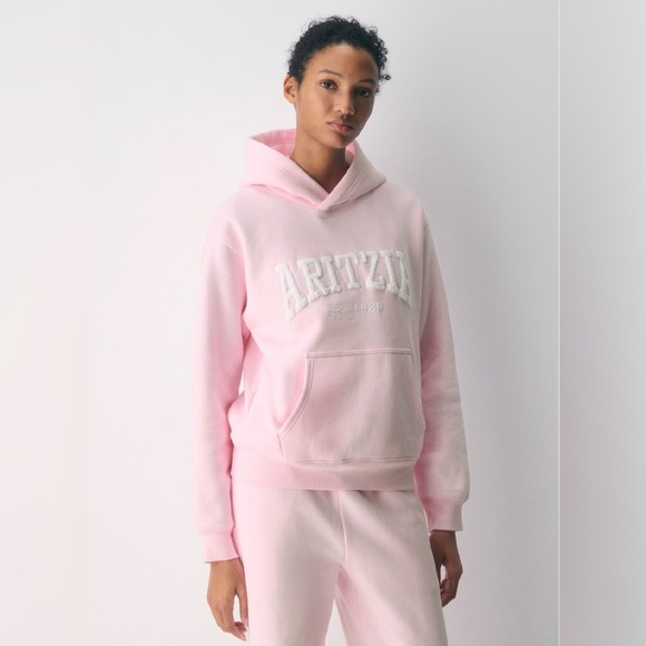 Aritzia Tops - Aritzia Cozy Sweatfleece Perfect Hoodie Light Pink Embroidered Logo NWT